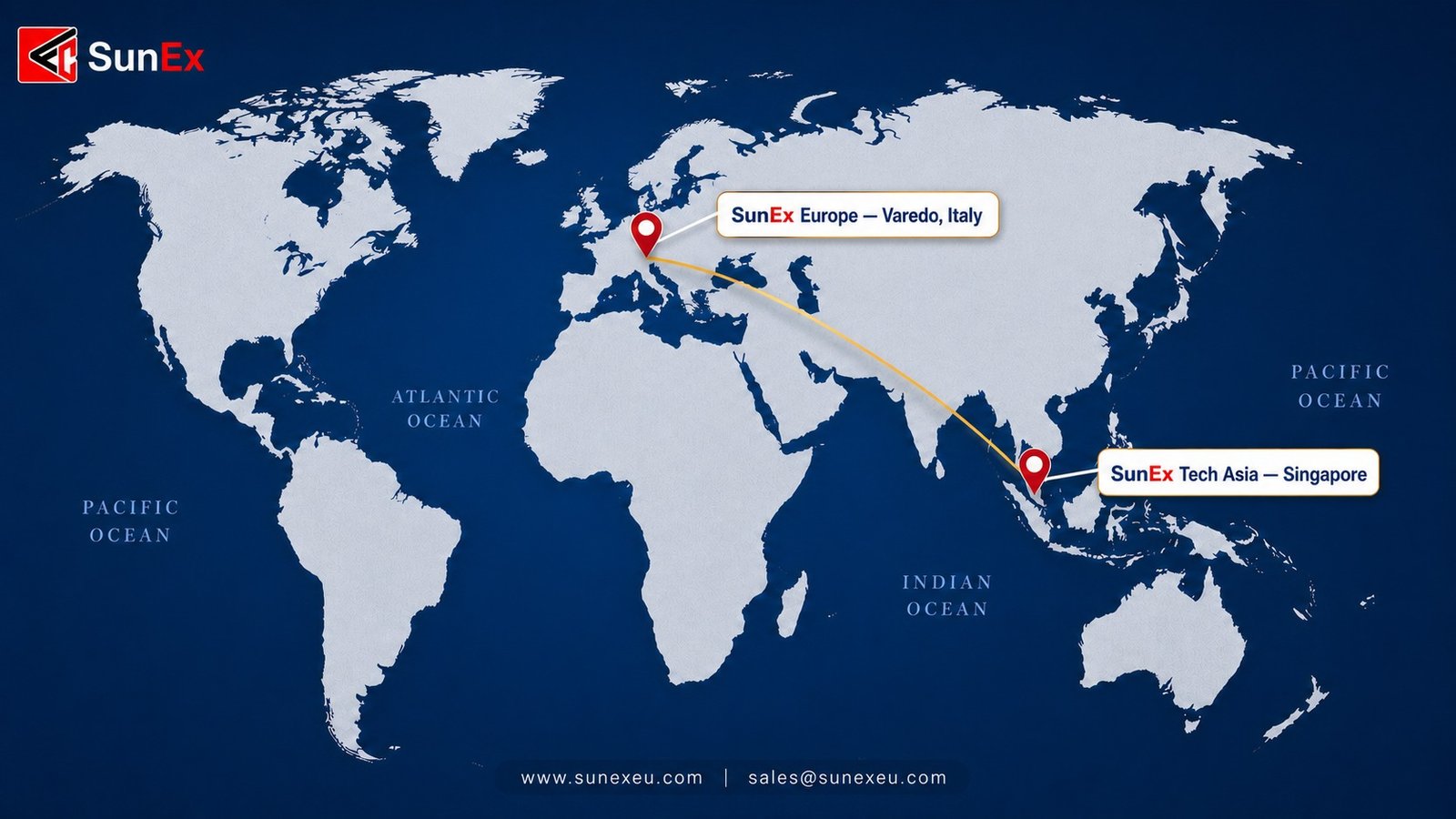 Map of the CEM Engineering network showing SunEx Europe in Varedo, Italy connected to CEM Engineering in Singapore