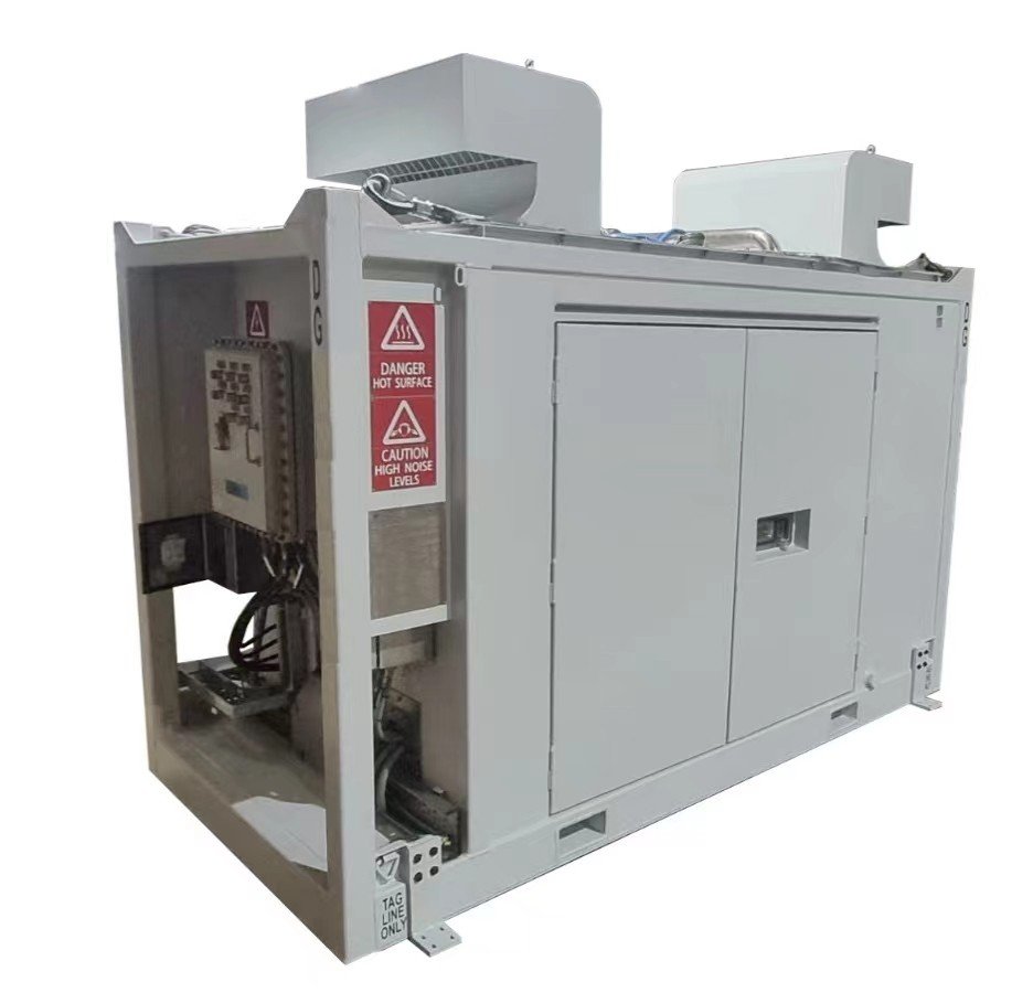 Completed CEM Engineering Zone 2 explosion-protected diesel generator package in a skid-mounted enclosure with Ex control panel and hazard warning labels