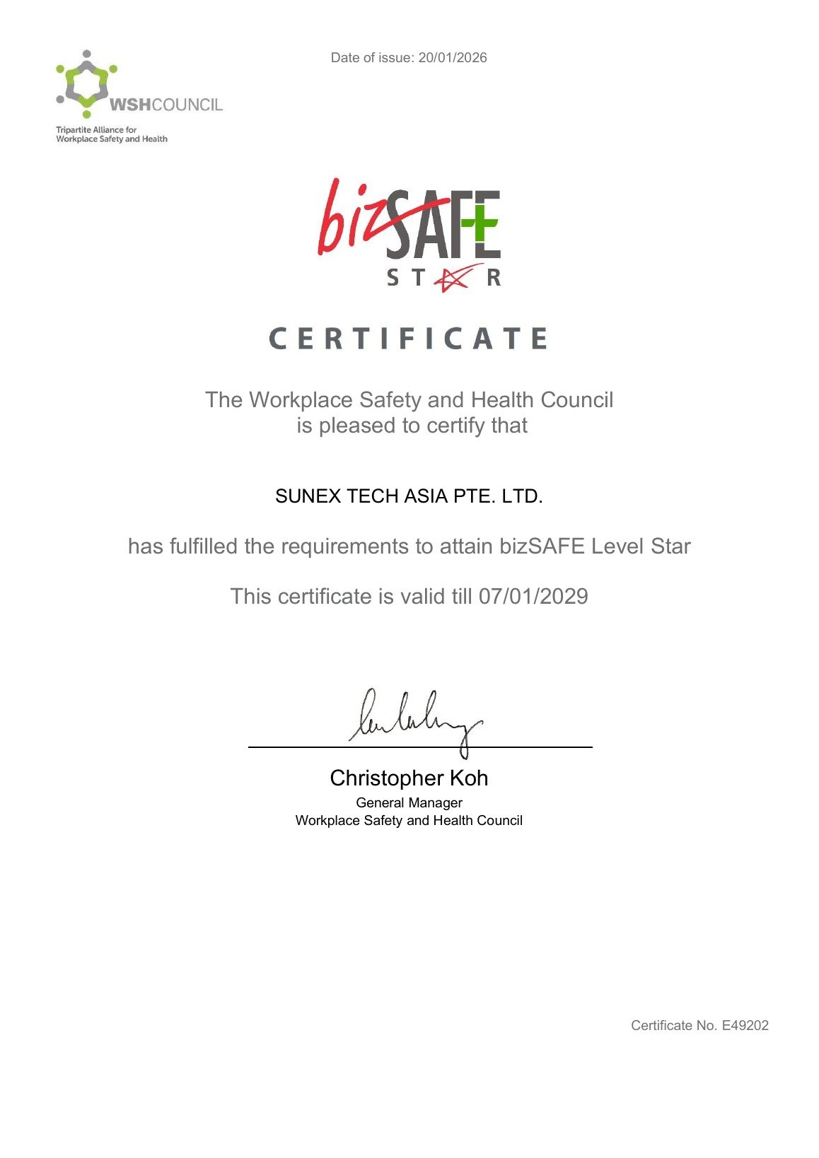 Workplace Safety and Health Council bizSAFE Level Star certificate E49202 issued to CEM Engineering Pte Ltd, valid to 7 January 2029