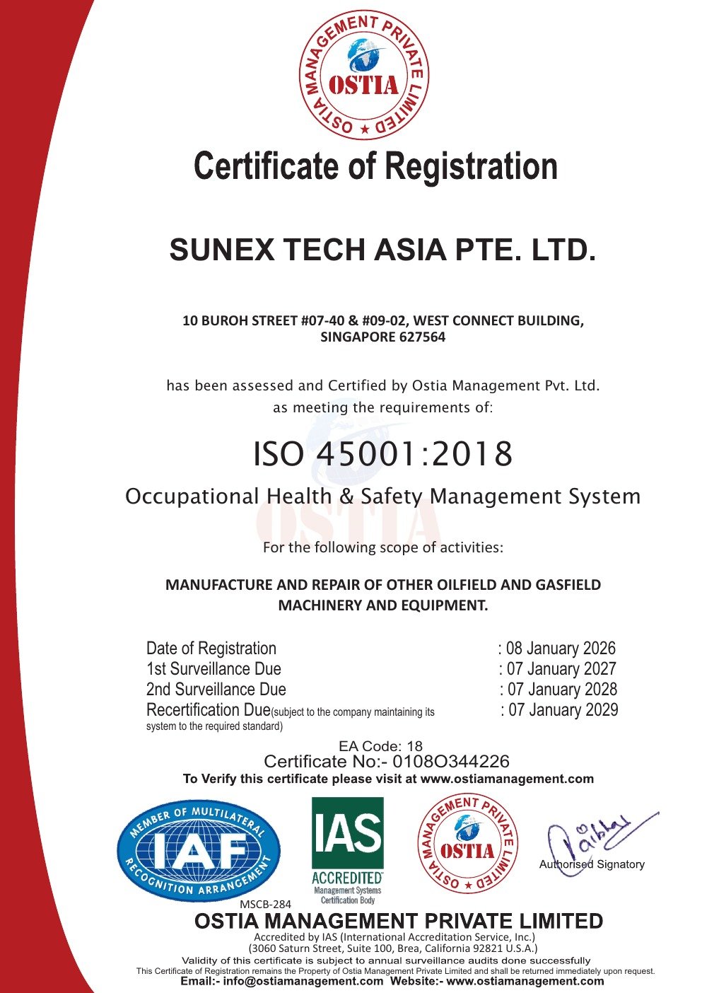 Ostia Management ISO 45001:2018 certificate of registration number 0108O344226 issued to CEM Engineering Pte Ltd