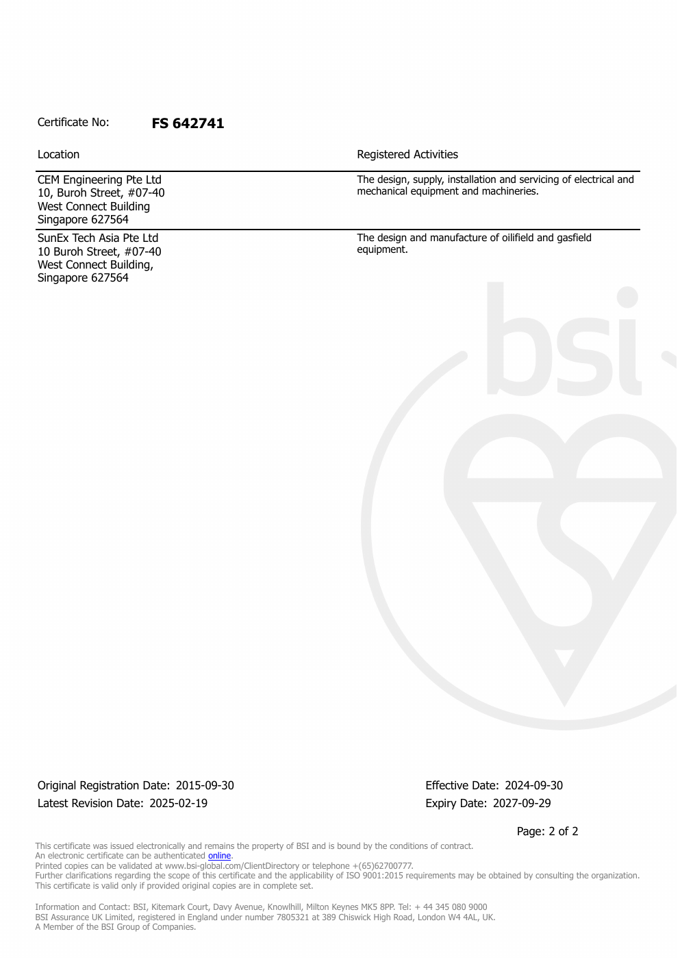 BSI ISO 9001:2015 certificate FS 642741 listing CEM Engineering Pte Ltd as a registered location for the design and manufacture of oilfield and gasfield equipment